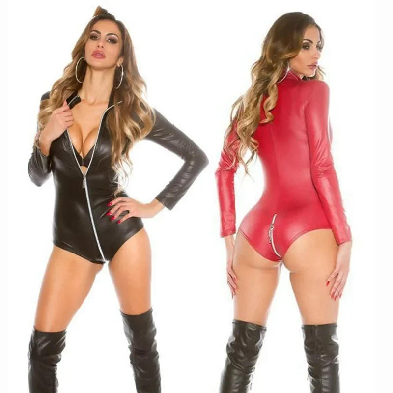 Sexy wetlook lingerie feminina látex catsuit couro falso zíper frontal virilha bodysuit fetiche trajes corpo erótico terno plus size