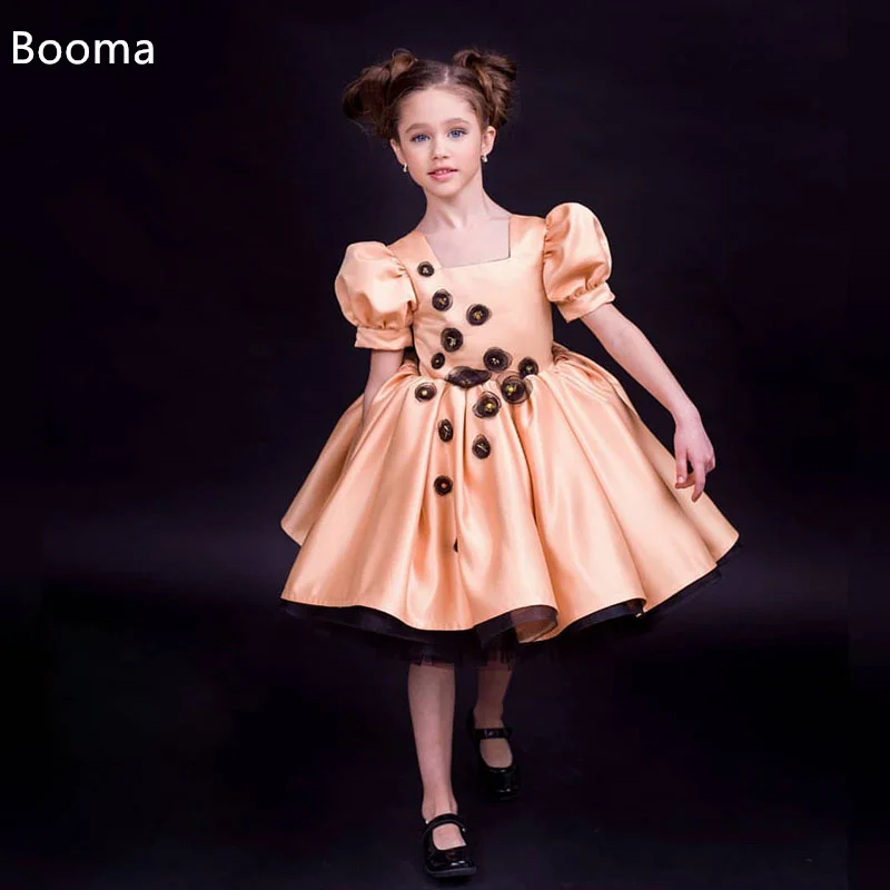 Booma A-Line Flower Girl Dresses 3D Flowers Girls Wedding Party Dresses Short Sleeve Ball Gowns Customized