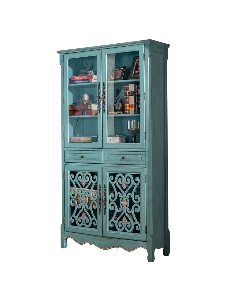 

American Country Bookcase Shelf with Glass Door Four-Door Storage Cabinet Complete Bookcase Mediterranean Style Bookcase