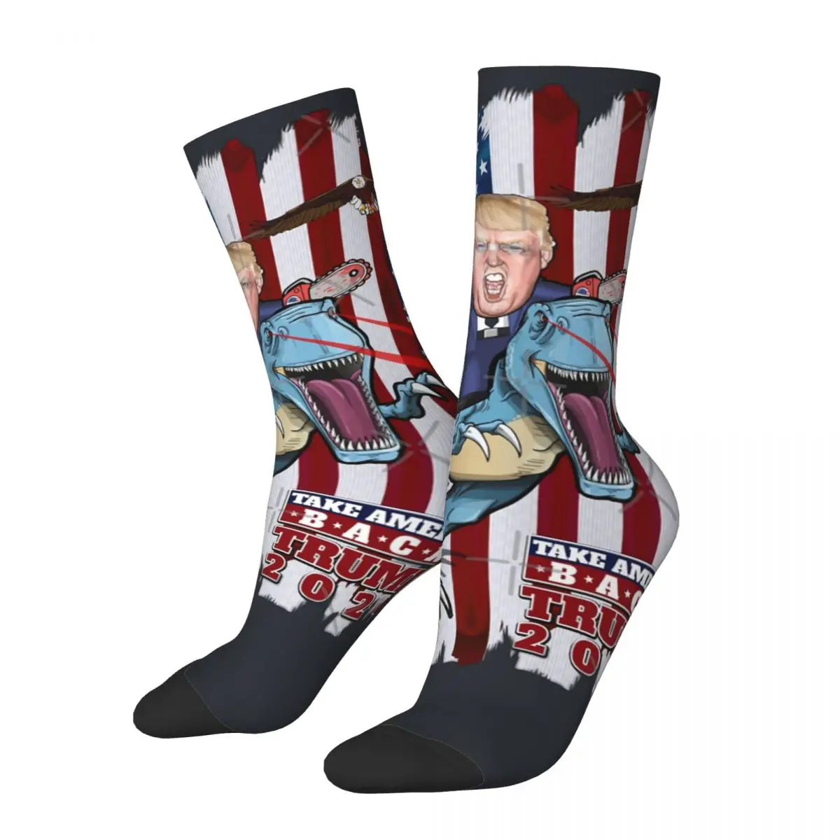 Funny Trump 2024 Ride T-Rex Dinosaurs 2024 Take America Back Men's Socks Cartoon Trump Street Style Crew Sock official-website