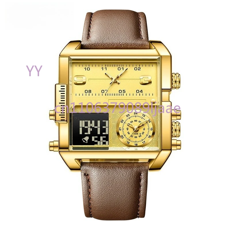 

Men's Square Electronic Sports Watch - Dual Display, Large Gold Dial, Multi-Functional