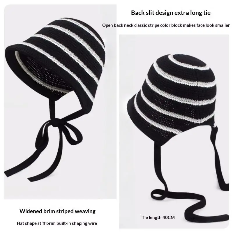 Women Colorful Striped Knitted Bucket Hat Hollow Out Foldable Breathable Summer Outdoor Sunshade Basin Cap