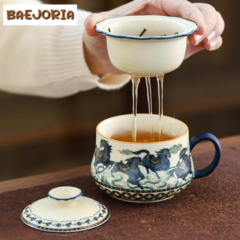

165ml Decal Auspicious Clouds Eight Horses Filter Tea Separator Cup Zen Tea Mug With Infuser Tea Soaking Office Water Cup Gift