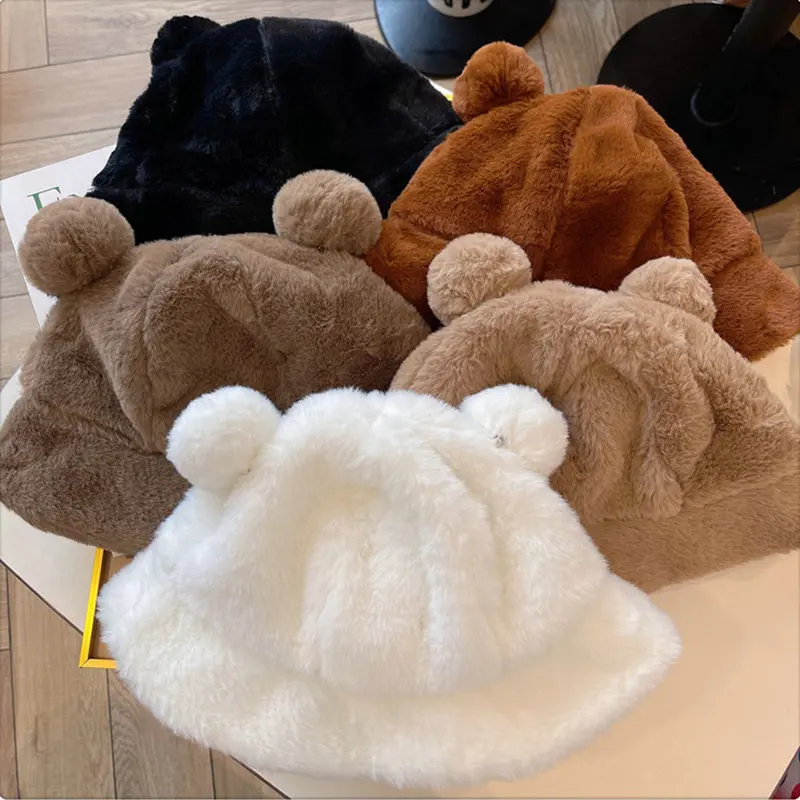 Fashion Autumn Winter Leopard Fur Bucket Hat Bear Ear Ball Plush Fisherman Hat Soft Warm Thick Basin Hat Protection Bucket Hats