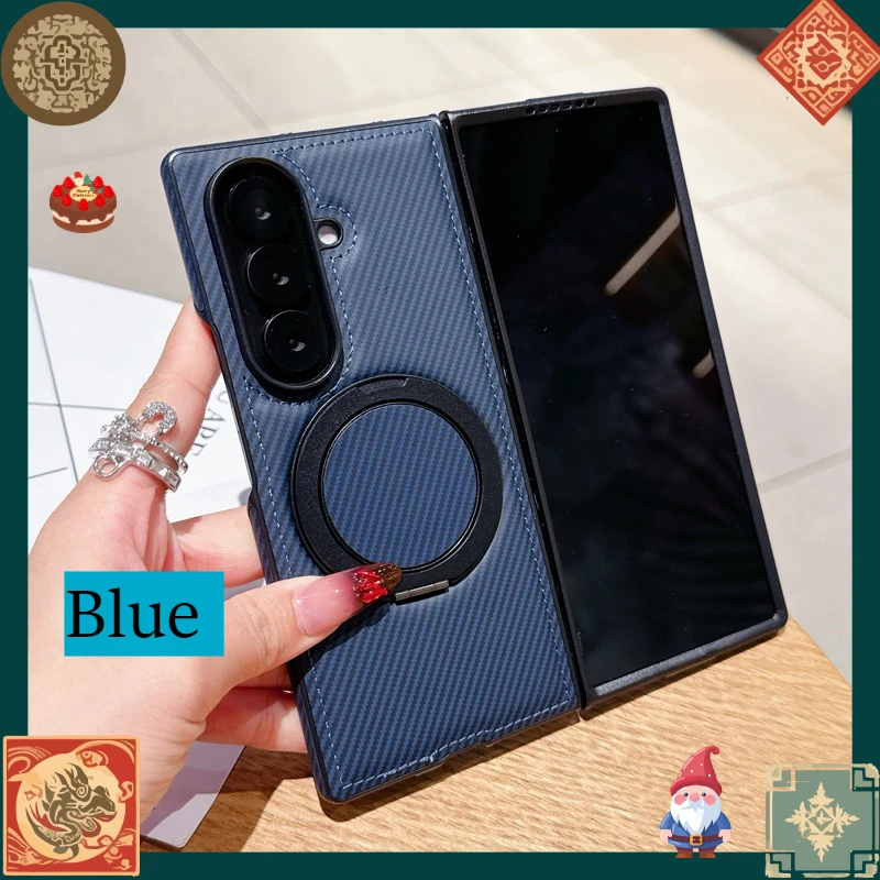 Case For Samsung Galaxy Z Fold 7 6 5 ELVEV Premium Carbon Fiber + Soft TPU Magnetic Ring Holder Cover with Front Frame