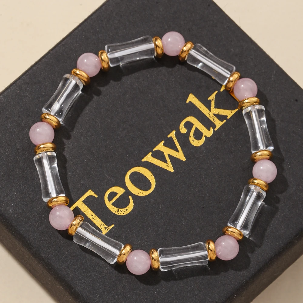 TeoWaki White Glass Bamboo Beaded Bracelet Rose Quartz Spacer Bead Chinese Style Daily Jewelry Best Gift For Women Men 18-19cm