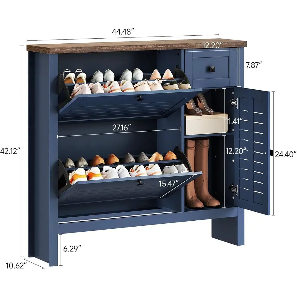 Scarpiera blu navy con 2 cassetti, 1 cassetto, armadietto laterale, organizer per scarpe ventilato e ripiani regolabili per ingresso