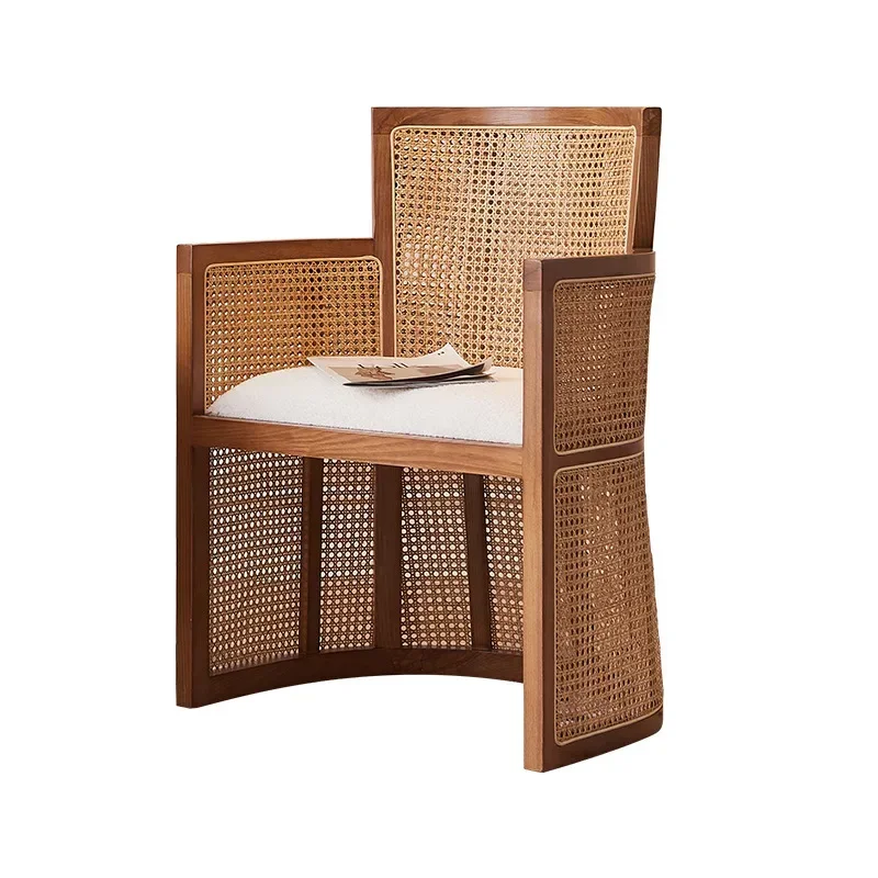 New Chinese Rattan Solid Wood Sofa Household Wabi Sabi Balcony Three-piece Hotel Room Rattan Chair Meeting Chair