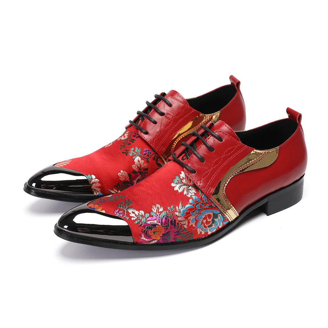 Red Flower Real Leather Men Oxford Shoes Birthday Prom Wedding Formal Brogue Shoes Male Lace Up Club Party Dress Shoe Plus Size