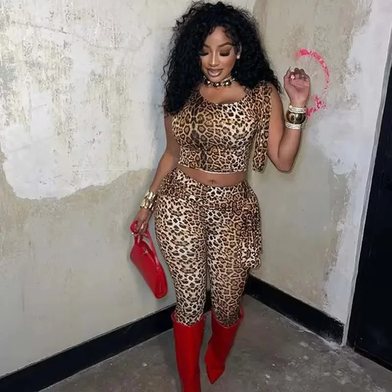 Leopard Print Two Piece Set Women Matching Sets Lace-up Bow Tie Sleeveless Tank Crop Top and Calf-length Pants Night Club Outfit