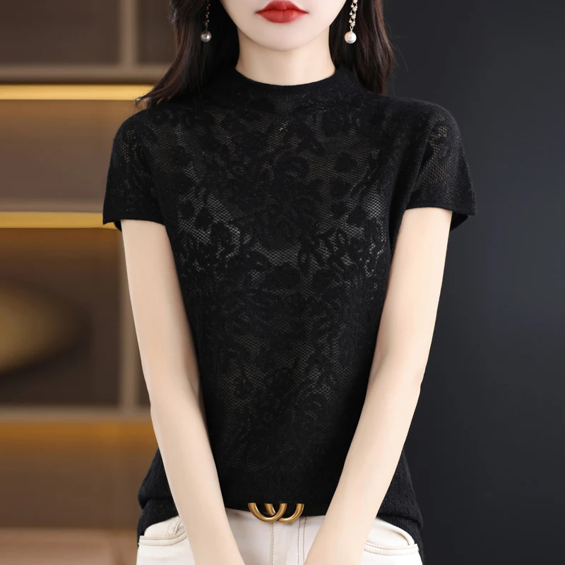 Summer Lace T-shirt Women Tops O-neck Short Sleeve Tees Shirt Korean Fashion Vintage T Shirt Mujer Clothing 2023 New In 7 Colors