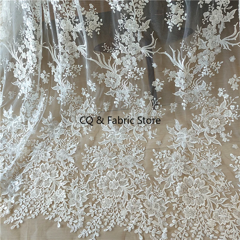 

Flower Lace For Gown Bridal Lace Fabric Apparel Lace Wedding Fabric Embroideries With Sequins Designer Fabric