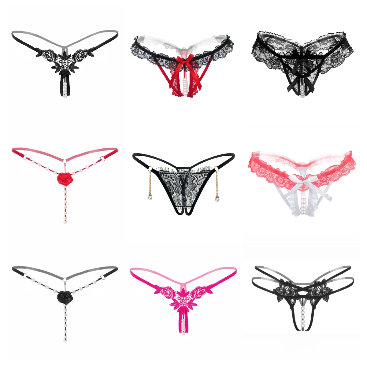 Pearl Massage Underwear Dental Floss T Back Thong Women Lingerie Low-rise Lace Panties Transparent G-string Underwear Tangas