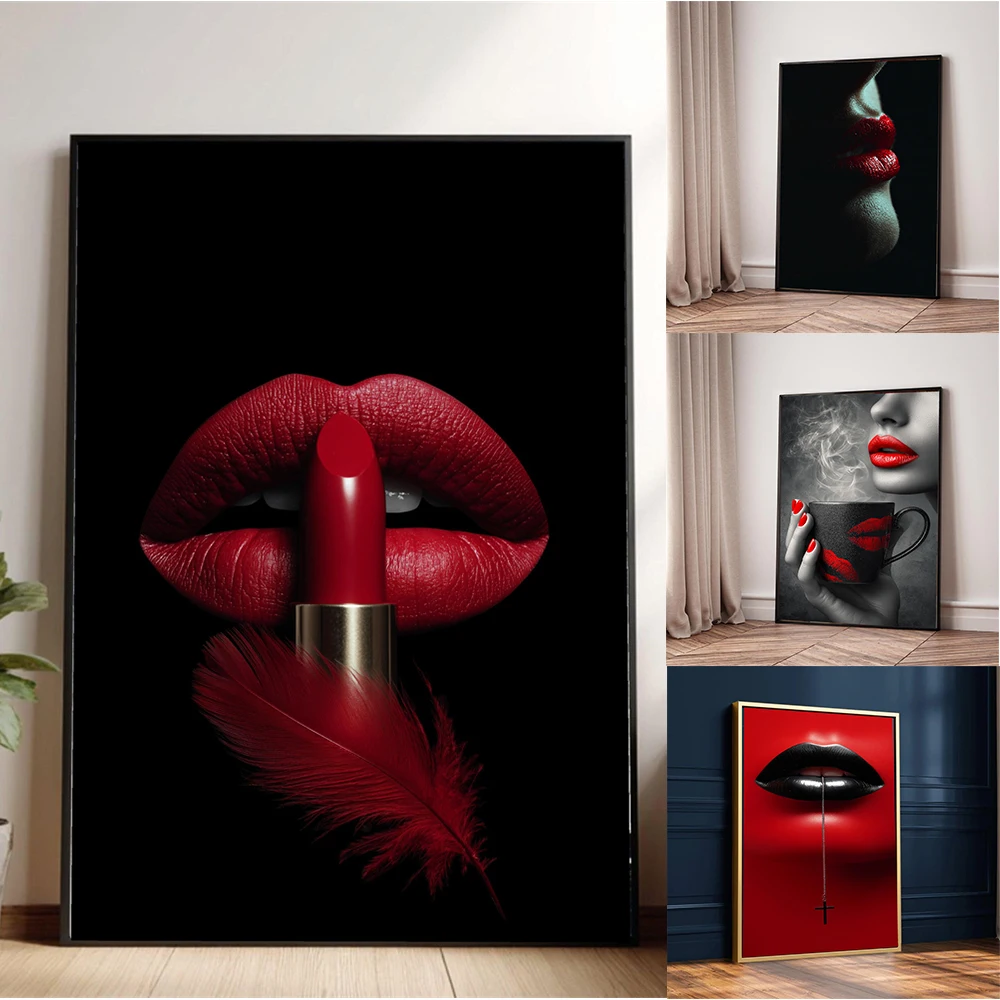 Bold Red Lips Canvas Art Poster Woman Glamorous Lipstick Portrait Oil Painting Print Canvas Painting Fashion Beauty Decoration