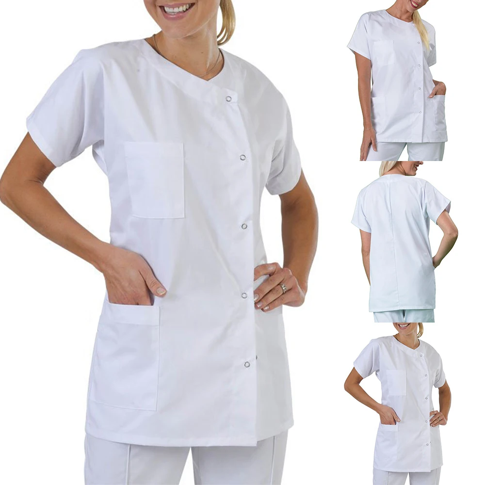 Hospital Uniform T-Shirt Tops Women's Men's Collarless Plain White Short Sleeve Dress Lab Coat Overalls T-Shirt Clothing