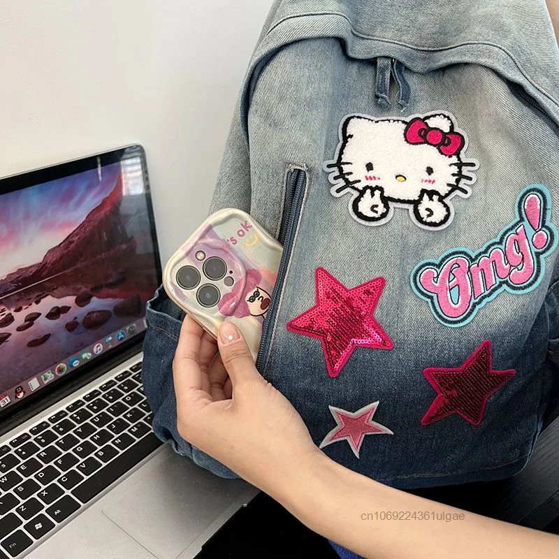 Sanrio Hello Kitty Fashion Book Bag Y2K Spicy Girl Style Cowboy Backpack Cartoon Large Capacity Versatile Student Shoulders Bag