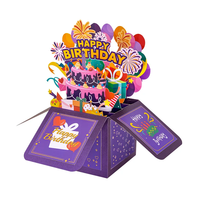 

2Pcs Gift Box with Fire-works Creative Purple 3D Pop-Up Birthday Card in a Square Box Rainbow Balloon Greeting Card