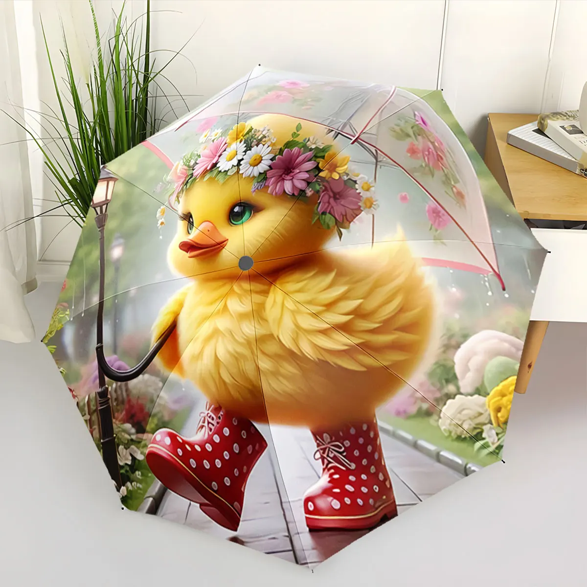 Cute Yellow Duck With Flower Crown Holding Clear Umbrella portable waterproof sun rain umbrella for outdoor travel beach