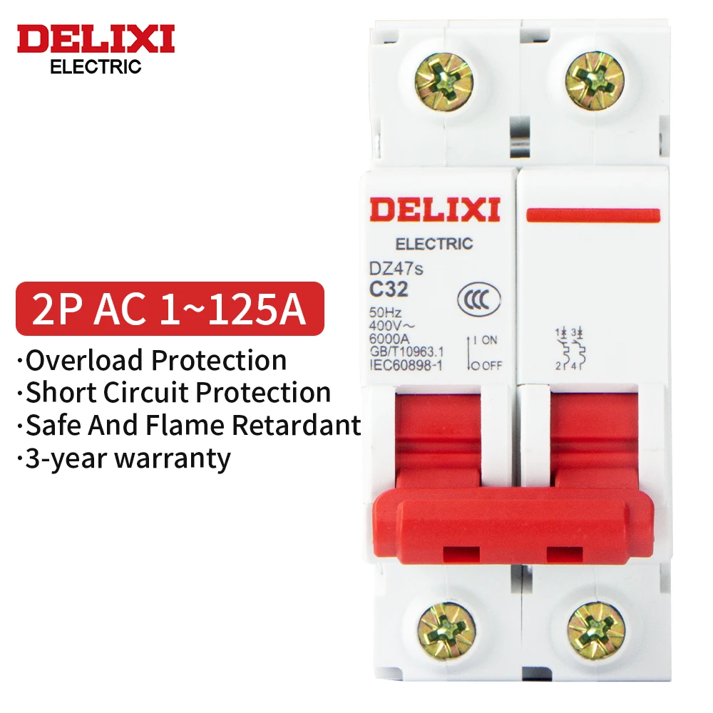 

DELIXI Mini Circuit Breaker Battery Protect Switch Positive Negative Short Circuit 2 Pole 40A 50A 63A Type C Trip Curve 230V