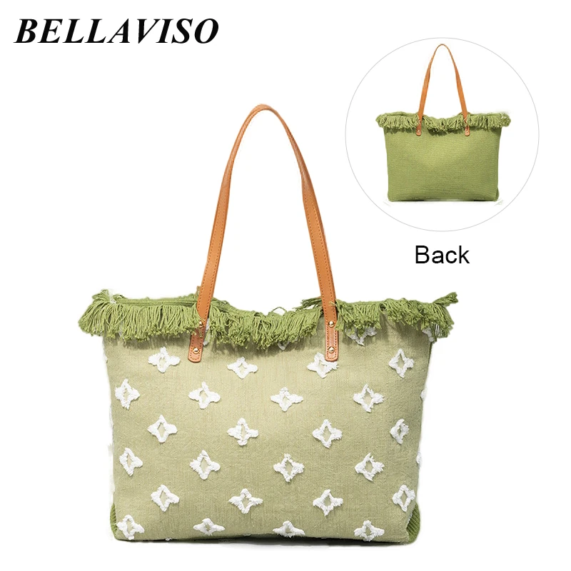 

BellaViso New Elegant Women's Canvas Tote Bag Niche Trendy Large Capacity Tassels Travel Shopping Beach Shoulder Bags BLCB-19