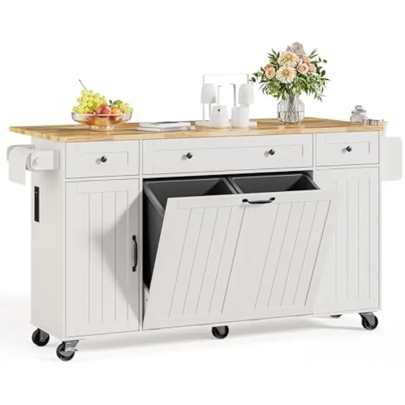 69-inch Mobile Kitchen Island with Dual Compartment Waste Storage Dry Wet Separation Adjustable Shelves Solid Wood Top Expandabl