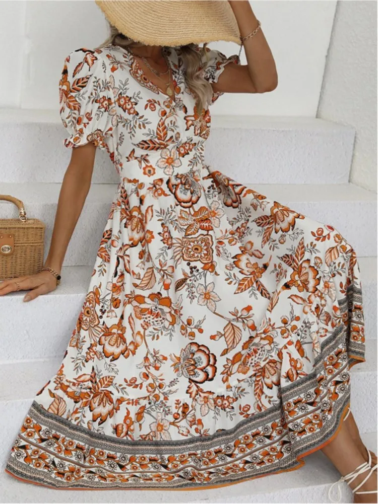 

Women's Elegant Printed Puff Sleeve V-neck Dresses 2025 Summer New Short Sleeve High Waist Dress Casual Female Fashion Vestidos
