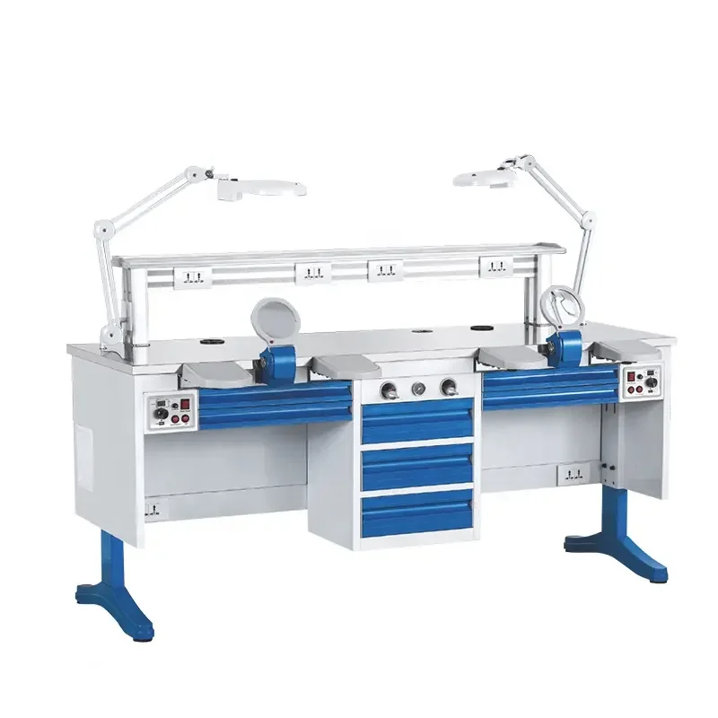 Steel Wood Double Person Dental Furniture Lab Work Bench With LED Light