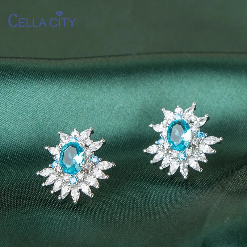 Cellacity Women's Topaz Gemstone Stud Earrings With Oval Shape Blue Gemtone 5A Zircon Wedding Party Wholesale jewelry Gift