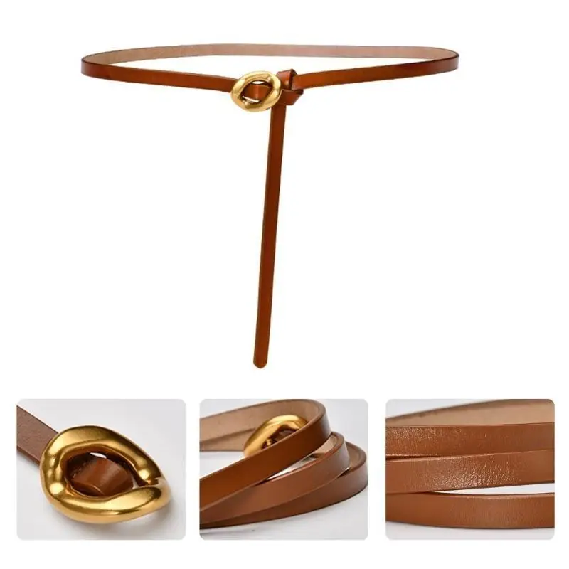 

39BB Leather Belt for Women Metal Buckle Selftied Belt Lady Narrow Waistband Aesthetic Waist Belt for Dresses Formal Event
