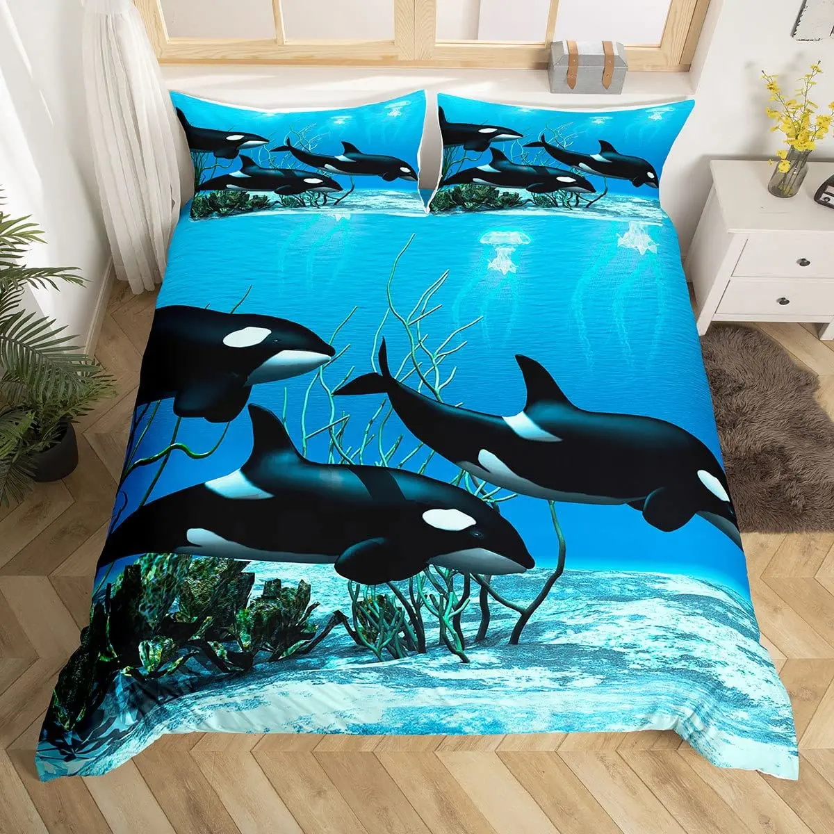 Ocean Theme Whale Comforter Cover Bedding Set Nautical Sailing Quilt Set Home Decor 3 Pieces 265x228 220x200 200x200 150x200cm