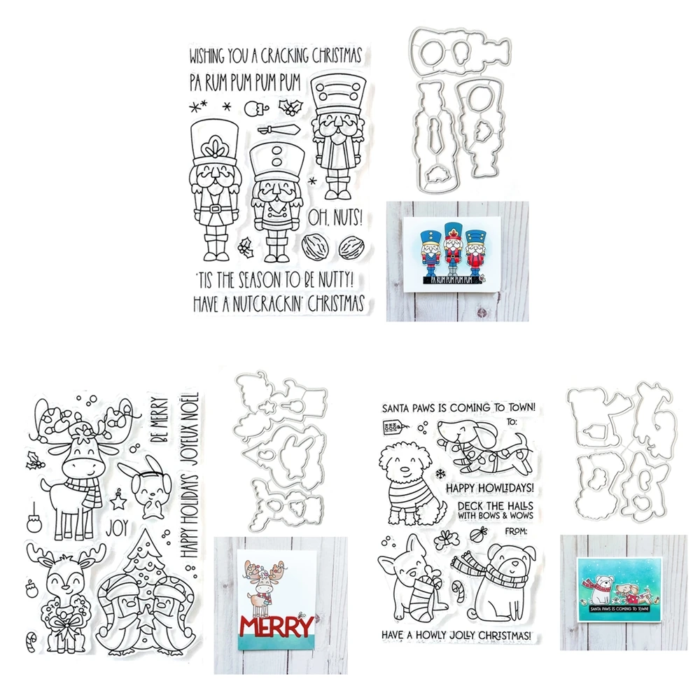 

Metal Cutting Dies for Paper Making Clear Stamps Christmas Guard Paws Critters Frame Scrapbooking Card Craft Set