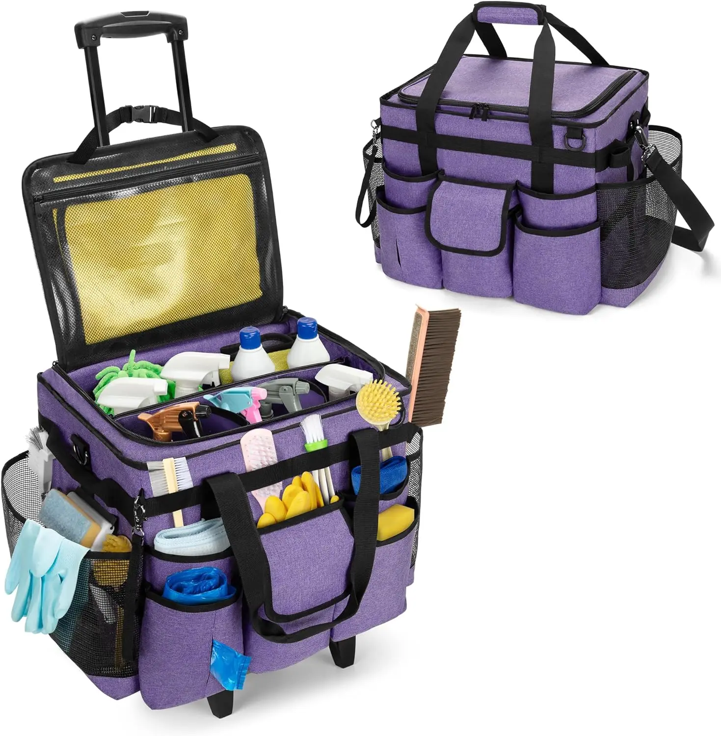 

Rolling Cleaning Caddy with Lid, Detachable Trolley, Wheels and Shoulder Strap for Housekeepers, Purple Bag