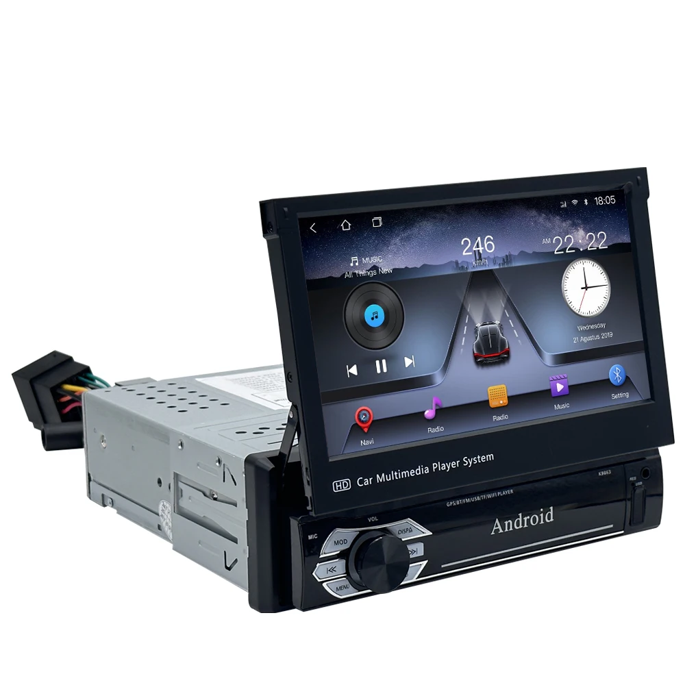 LELV 1Din Car DVD Player with Android 13 Inch Retractable Screen Wireless Auto CarPlay GPS Navigation Bluetooth FM Video