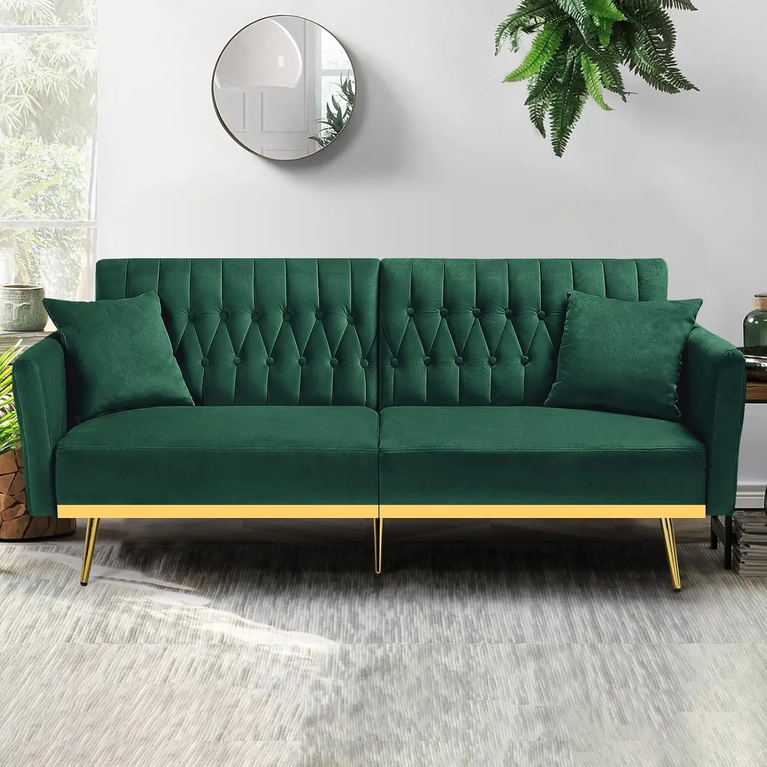 70” Velvet Futon Sofa Bed w/Adjustable Backrests and Armrests, Convertible Futon Couch with Two Pillows