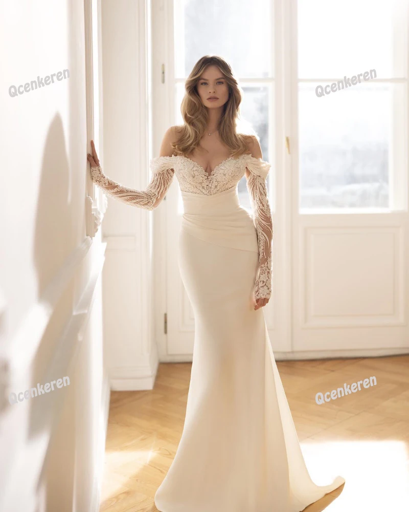 Qcenkeren Summer Romantic Wedding Dresses Elegant Appliques Beading Bridal Gowns Saudi Arabia Vestido De Novia Corte Sirena