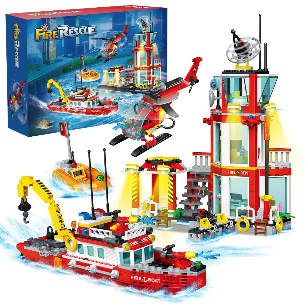 City Fire Station Building Blocks Set Marine Fire Department,Including Fire Station, Boats, Helicopter, Compatible with Legoed