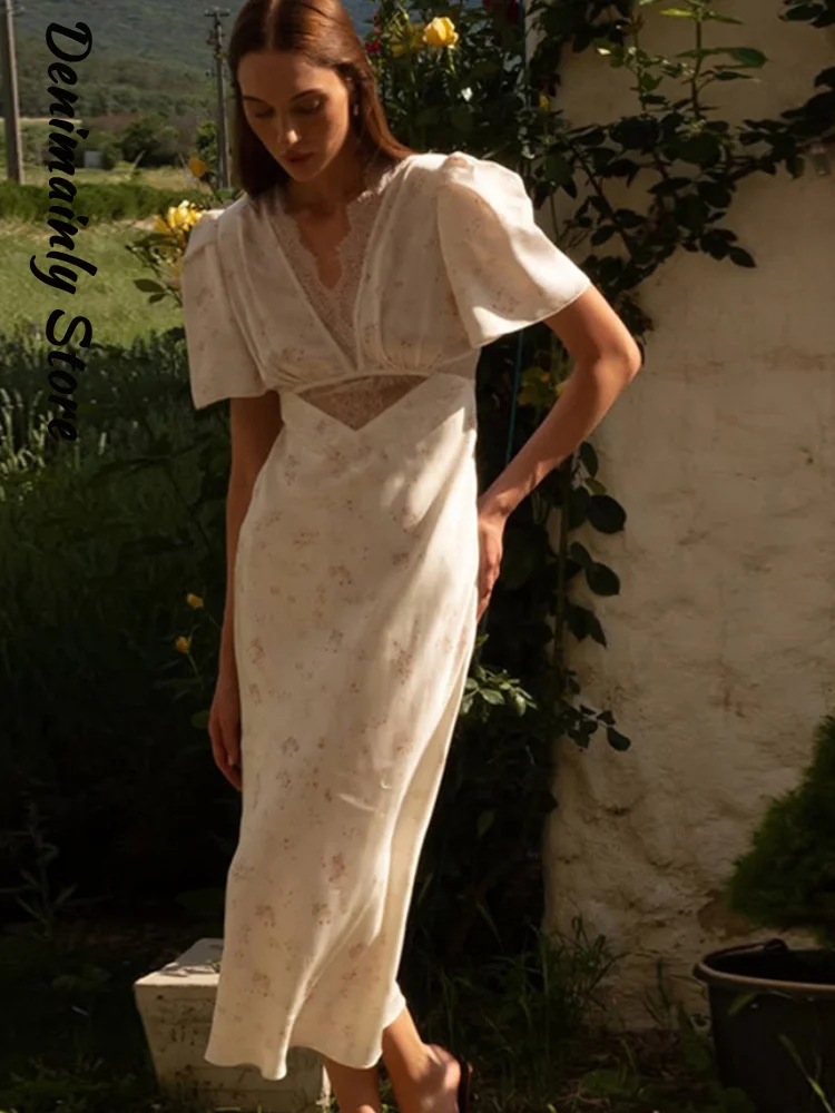 

Sexy Lace Patchwork Hollow Out Print Long Dress Women V-neck Short Bubble Sleeve Slim Maxi Dresses 2025 Summer Lady Party Robe