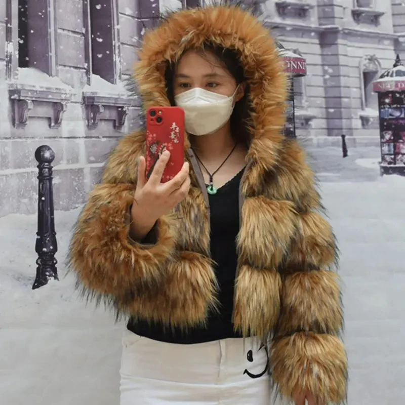 Faux Fur Coat Women\'s Jacket Winter Fashion Warm Thick Fox Raccoon Leather Brown Plus Size 2022 Especially Fake Fur Cold Coat