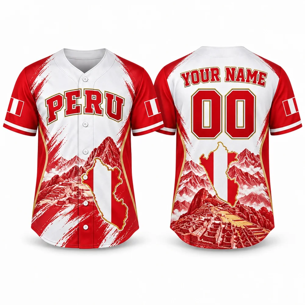Peru Mountain Shirts with Red White National Colors Custom Baseball Jersey Personalized Jerseys Shirt for Country Guests