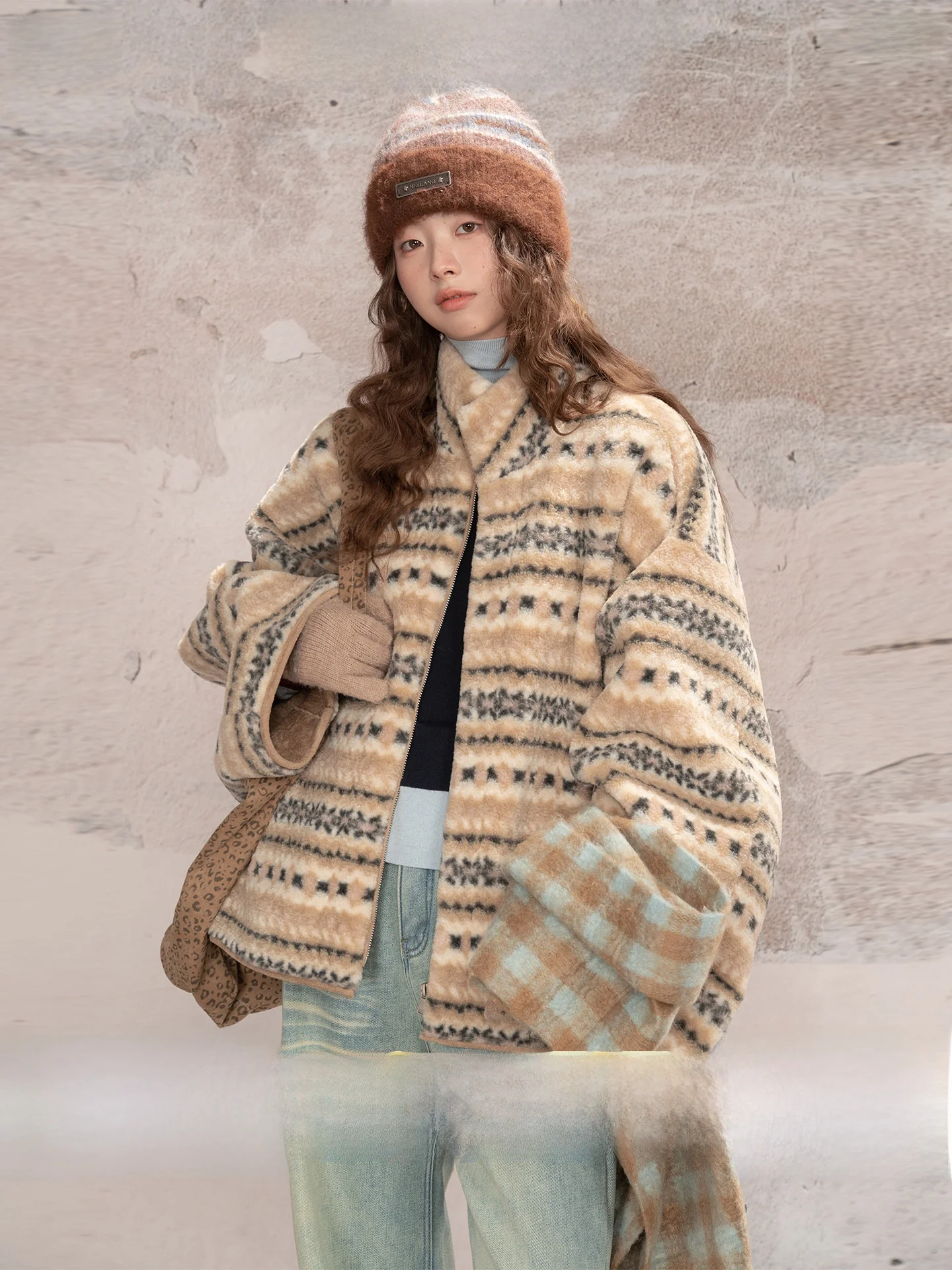 

Loveheynew Vintage Color Blo Floral Fair Isle Zipper Jaet Women's Winter Faion Anti Aging Warm Top College Sle Thie...