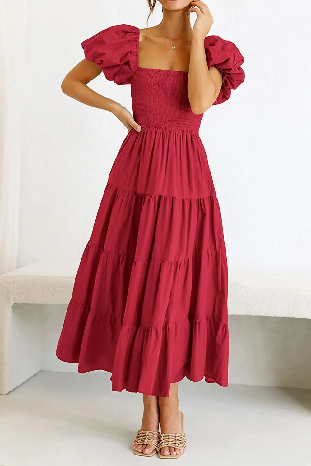 Vestido Midi escalonado con cuello cuadrado para mujer, Manga corta abullonada, Color sólido, cintura alta, informal, holgado, línea A, verano 2024