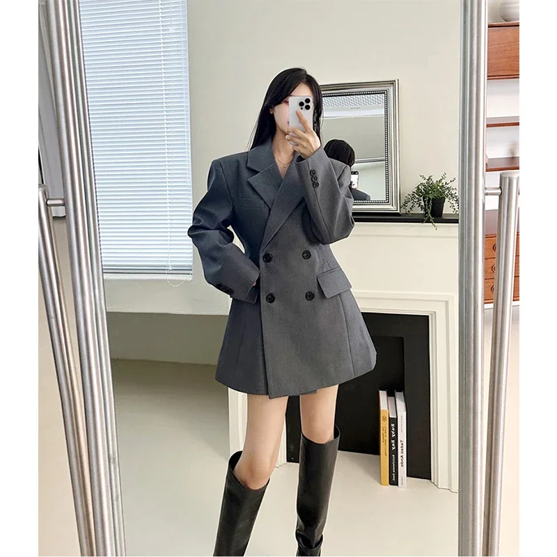 Elegant Black Blazer Women Fashion Double Breasted Suit Jackets Female Korean Long Sleeve Coats Office Slim Commuter Outerwear