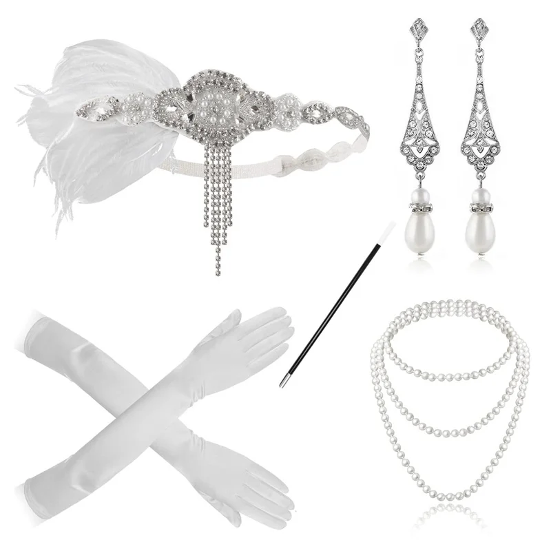 1920 Feathered Headband Set European Vintage Party Dinner Party Headdress Hand Necklace Earrings Smoke Pole The Prom Suit