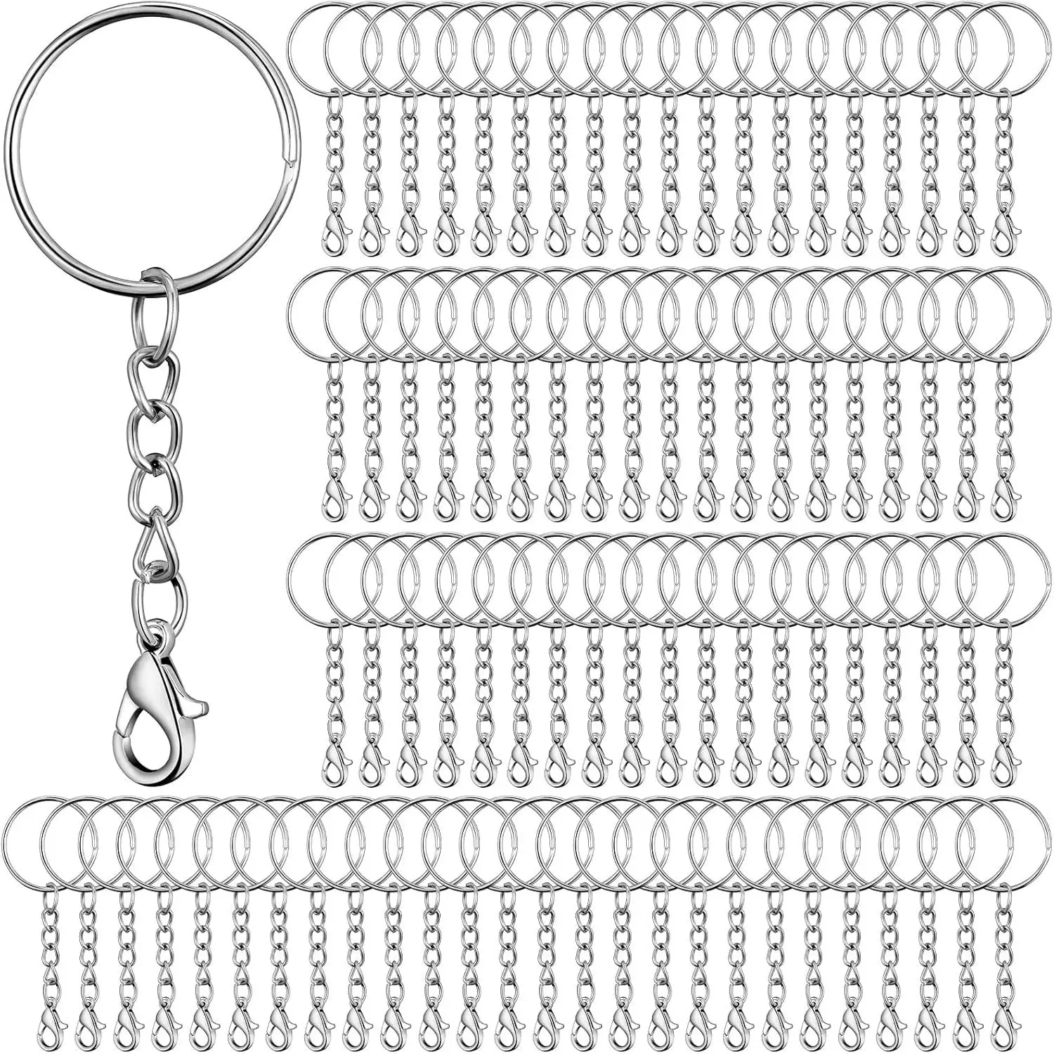 5/10/20/30/50/100pcs open metal keychain, silver metal piece with chain and jumping ring, with open ring and DIY jewelry pocket image 2
