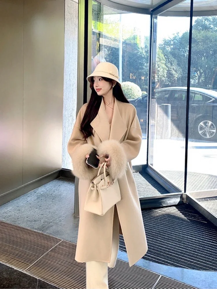 

Women Elegant Double-faced Woolen Jacket New Autumn Winter Long Top Clothing Real Fox Fur Cuff Cashmere Wool Coat Female