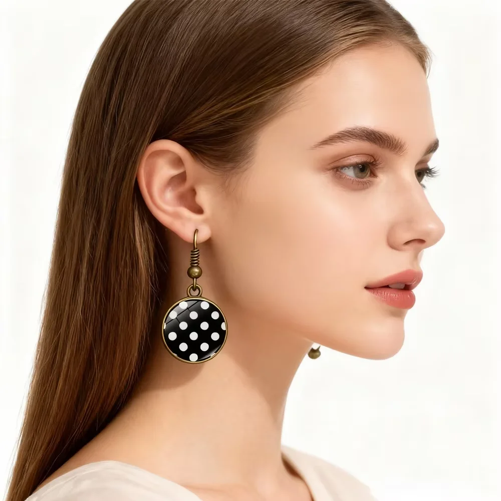 

PESENAR 1950s Style Black White Polka Dot Drop Earrings for Retro Vintage Costume Party Accessory