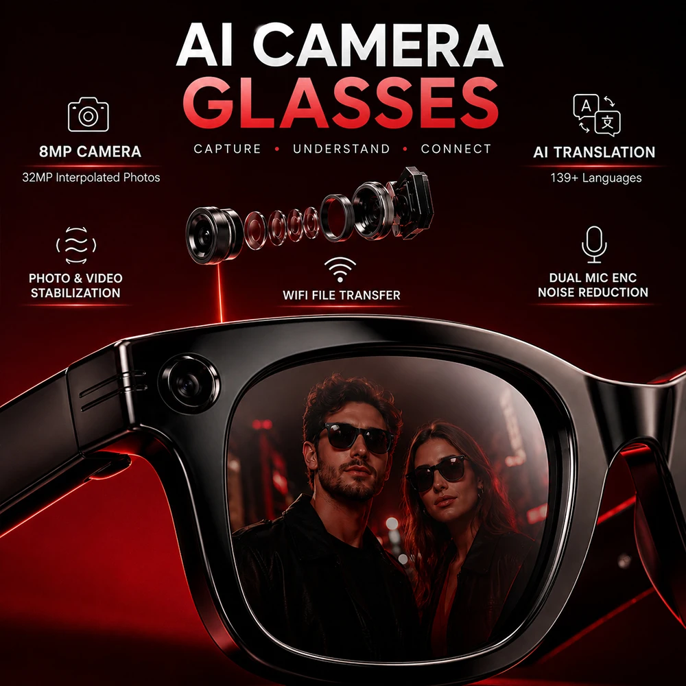 Wireless AI Glasses 8MP Camera 32MP Photos WiFi Transfer Dual Mic ENC Noise Reduction Visual Recognition IP66 270mAh Battery