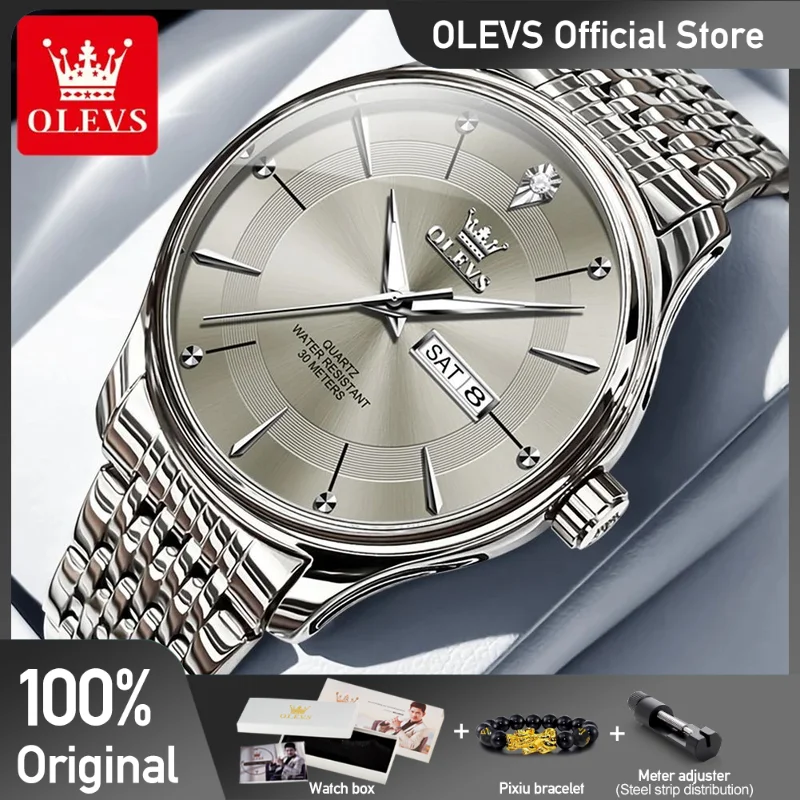 OLEVS Men's Watches Business Simply Original Quartz Watch for Man Waterproof Stainless Steel Luminous Hands Date Week