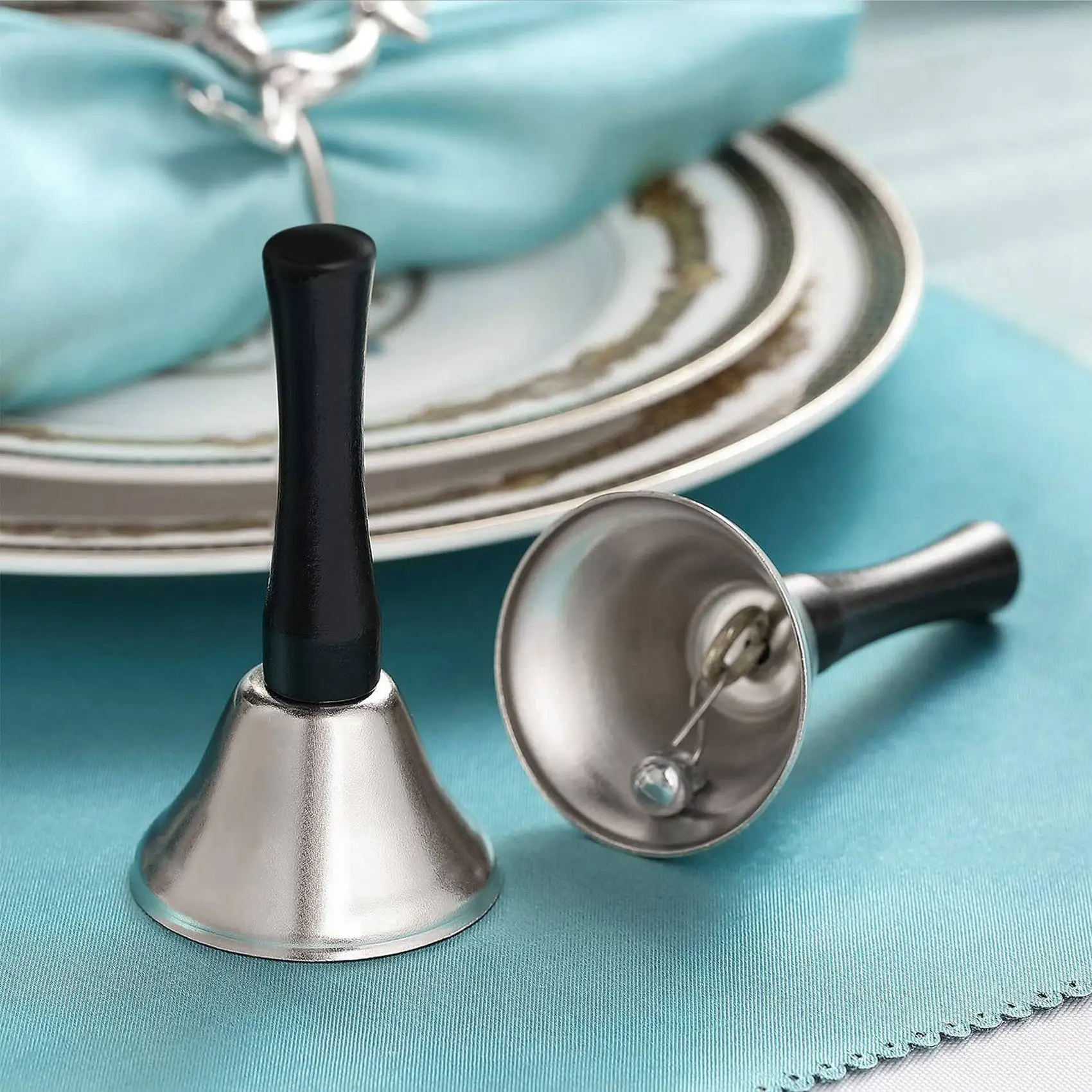 ABUE-48X Hand Bells Silver Steel Service Handbells Black Wooden Handle Diatonic Metal Bells Musical Percussion (Nickel White)