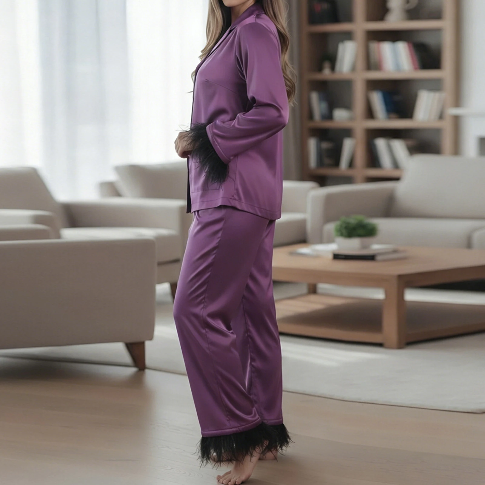 

Elegant Women s Autumn Sleepwear Set with Chic Color Block Design Cozy Long Sleeve Shirt and Stretchy Waistband Pants for a